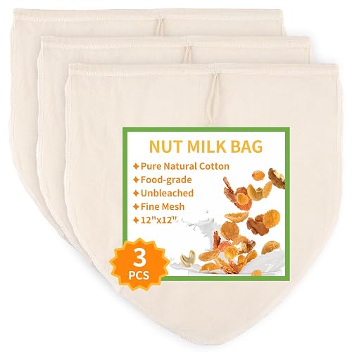 3 Pcs 12'x12' Nut Milk Bag, Cheesecloth Cheese Cloth Bag for Straining | Natural Unbleached Cotton Reusable Strainer Bag
