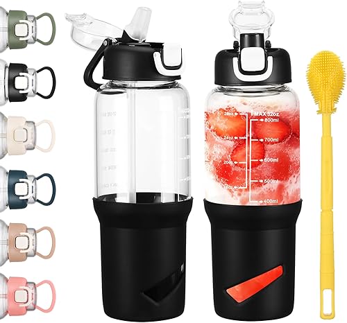 Miniatura 10 de SIEROZUR Vaso de vidrio de 32 onzas con popote, botellas de agua de vidrio con 2 tapas, tapa de boquilla con asa y tapa de pajilla, botellas de agua