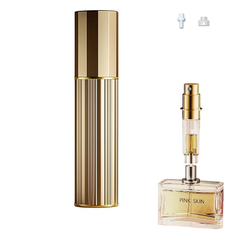 Frasco atomizador recarregável para perfume Fiwecos dourado, 5 mL, com recarga inferior e 2 adaptadores