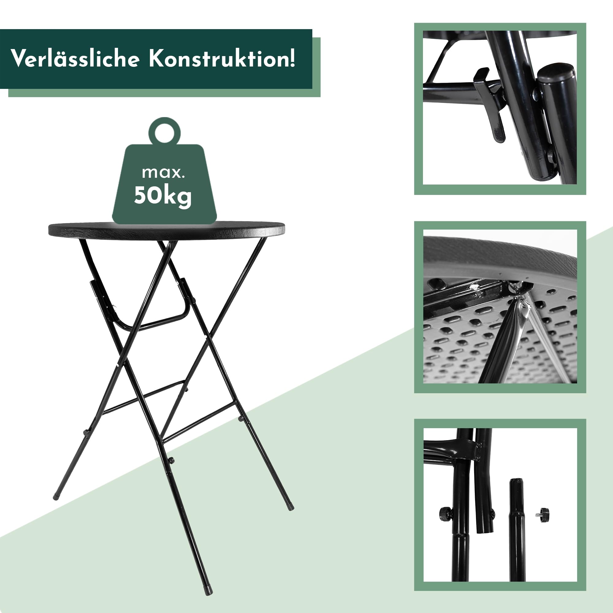 Lemodo Stehtisch klappbar 80 cm (Höhe 110 cm, bis 50 kg belastbar) schwarz Holz-Optik – mit Kunststoff-Tischplatte & Stahlgestell, abnehmbare Beine, platzsparend für Gartenparty, Hochzeit & Balkon