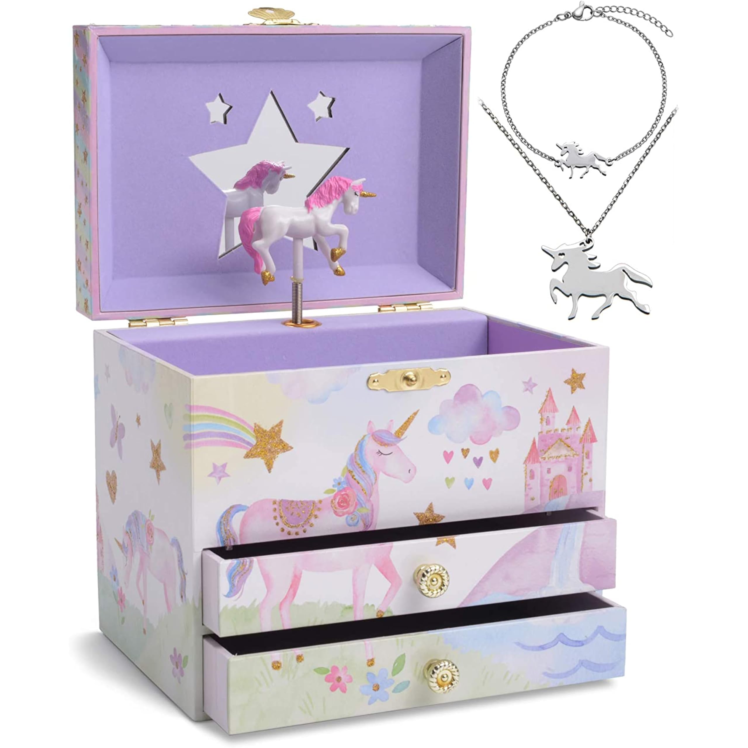 Jewelkeeper Girls Pink Party Unicorn Musical Jewelry Box For Little - Kids Jewelry Storage With 3 Pullout Drawers - Music Jewellery Case With Necklace And Bracelet - Beautiful Dreamer Tune