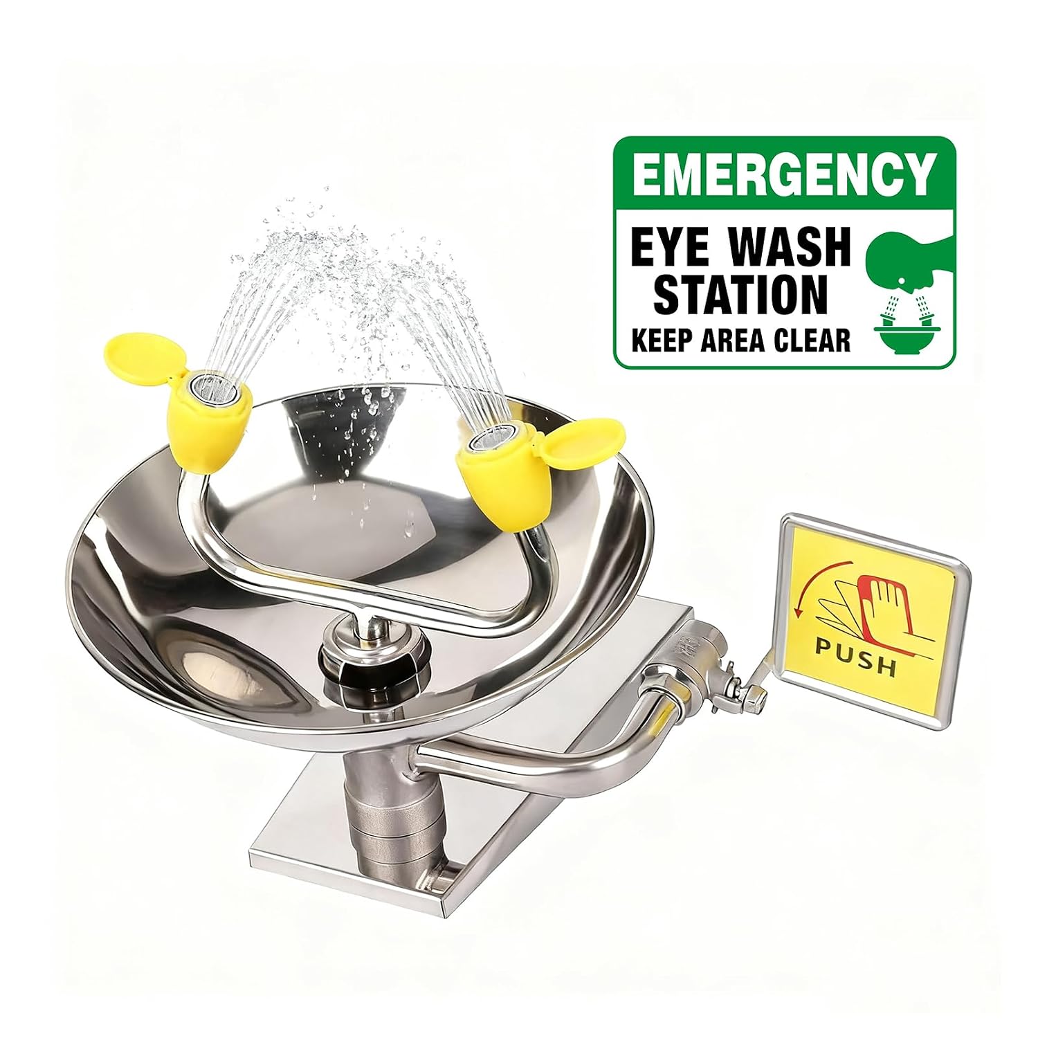 Emergency Eye Wash Station with Eye Irrigation Sign, Wall-Mounted Eyewash Station, Heavy Duty 304 Stainless Steel, Dual Nozzles, First Aid Eye Flush Solution for Lab, Factory, Chemical Workplaces
