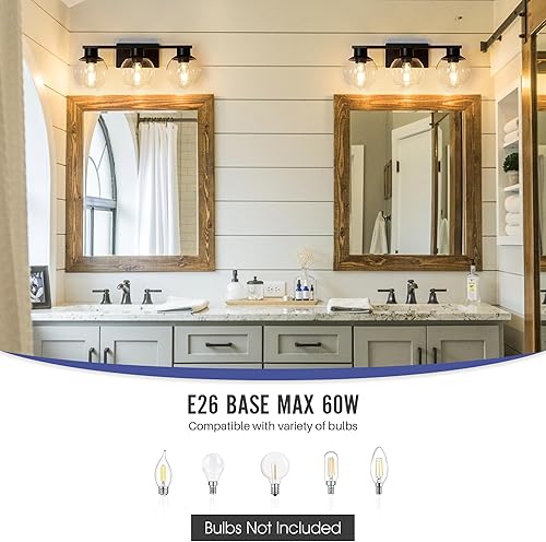 Miniatura 2 de 3 luces negras para tocador de baño, modernos accesorios de iluminación de baño con pantalla de vidrio de globo, lámpara de pared negra mate de 22