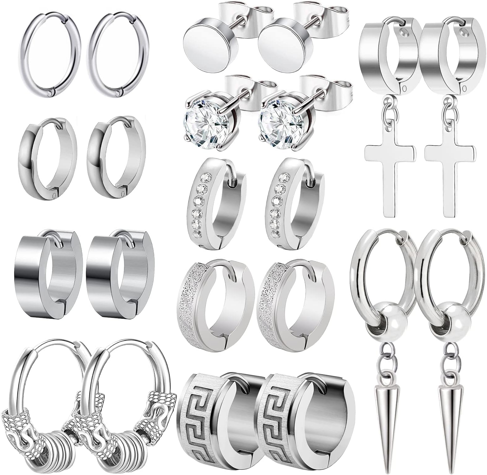 Men Earrings, Funtopia 11 Pairs Stainless Steel Small Hoop Earrings Cross Dangle Earrings Set, Fashion Huggie Earrings Piercing Jewelry for Party Birthday