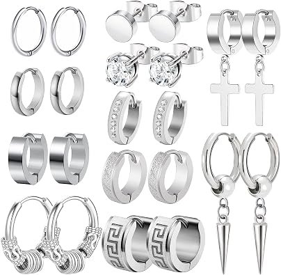 Men Earrings, Funtopia 11 Pairs Stainless Steel Small Hoop Earrings