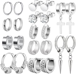 Men Earrings, Funtopia 11 Pairs Stainless Steel Small Hoop Earrings Cross Dangle Earrings Set, Fashion Huggie Earrings Piercing Jewelry for Party Birthday