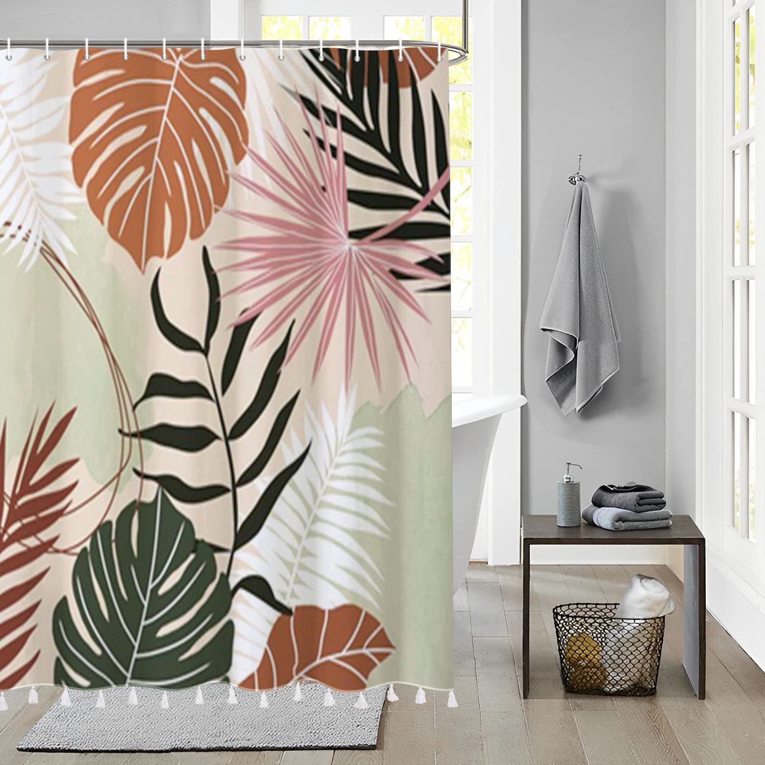 183x213cm Cortina de Baño Bohemia Impermeable Cortina de Ducha de Arte Abstracto Planta Tropical de Medio Siglo Cortinas de Ducha Lavables para Bañera con Gancho — view 31