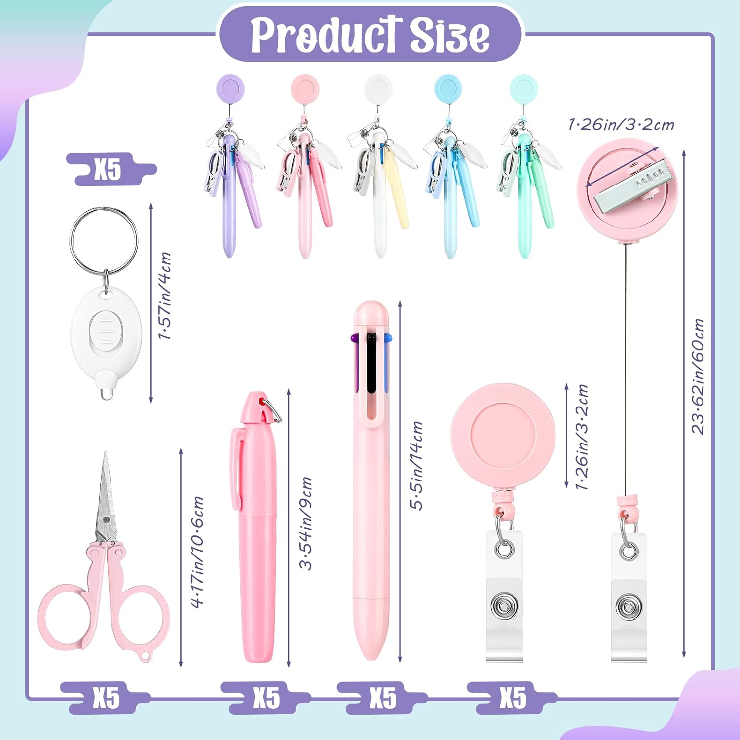 25 pcs nurse pen set nurse badge accessories mini retractable ball pens highlighter badge clip led keychain folding scissors (pastel color) pastel color 25