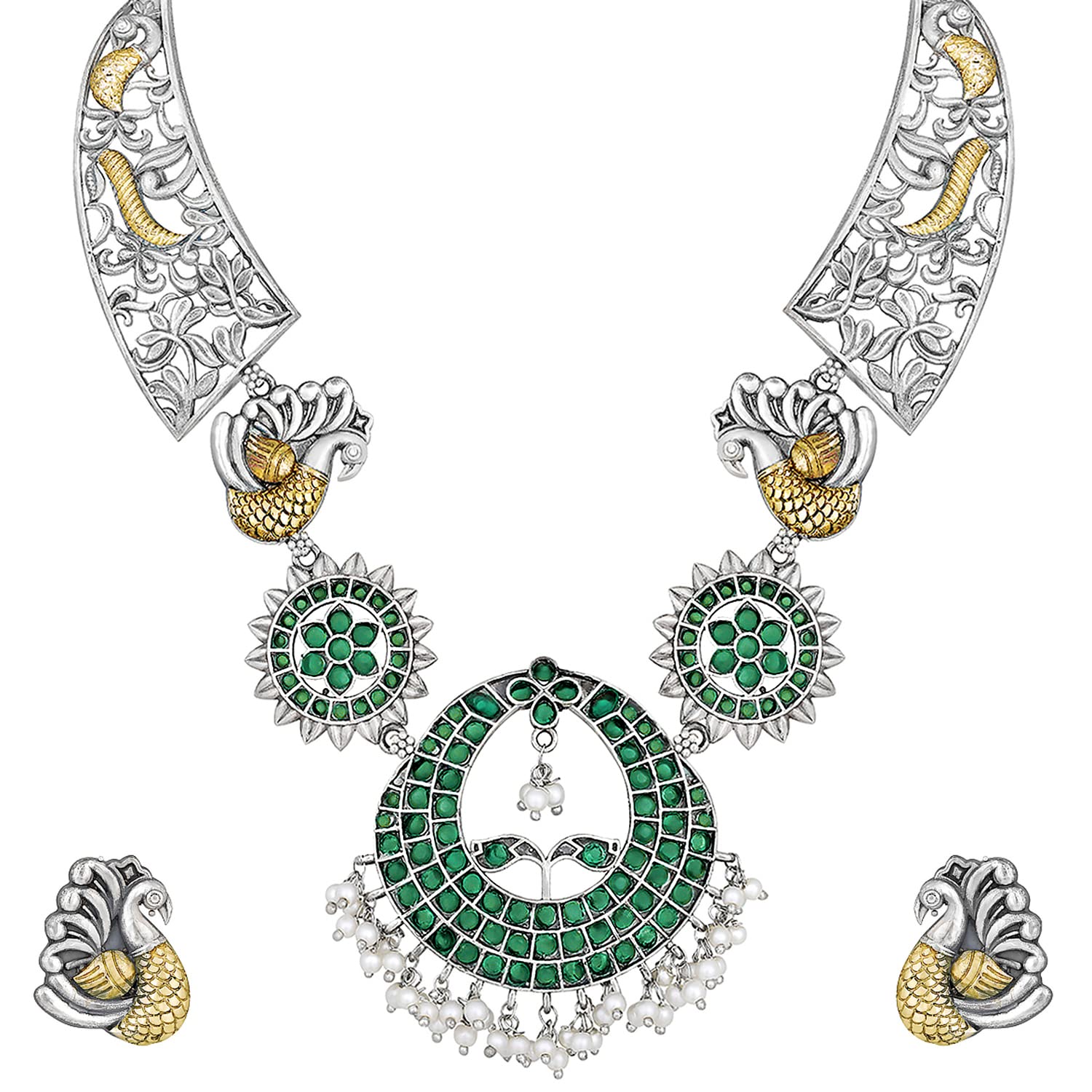 Aheli Collana girocollo tradizionale placcata argento con orecchini etnici ossidati set regalo per le donne