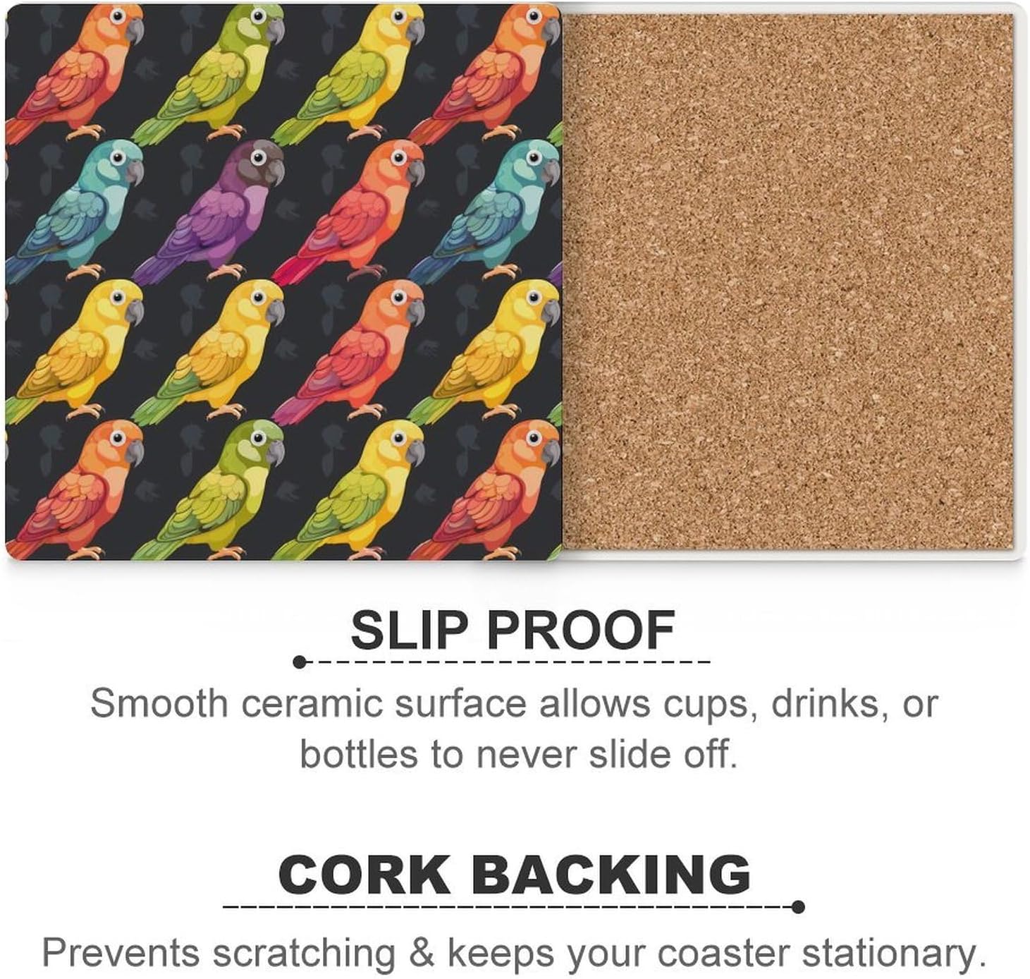 Conures Colorful Parrot Coaster for Drinks Square Ceramic Table Coasters Stone Mat Crafts 4PCS Home Kitchen Decor