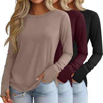 3 Pack Womens Long Sleeve Cotton Shirts with Thumb Holes