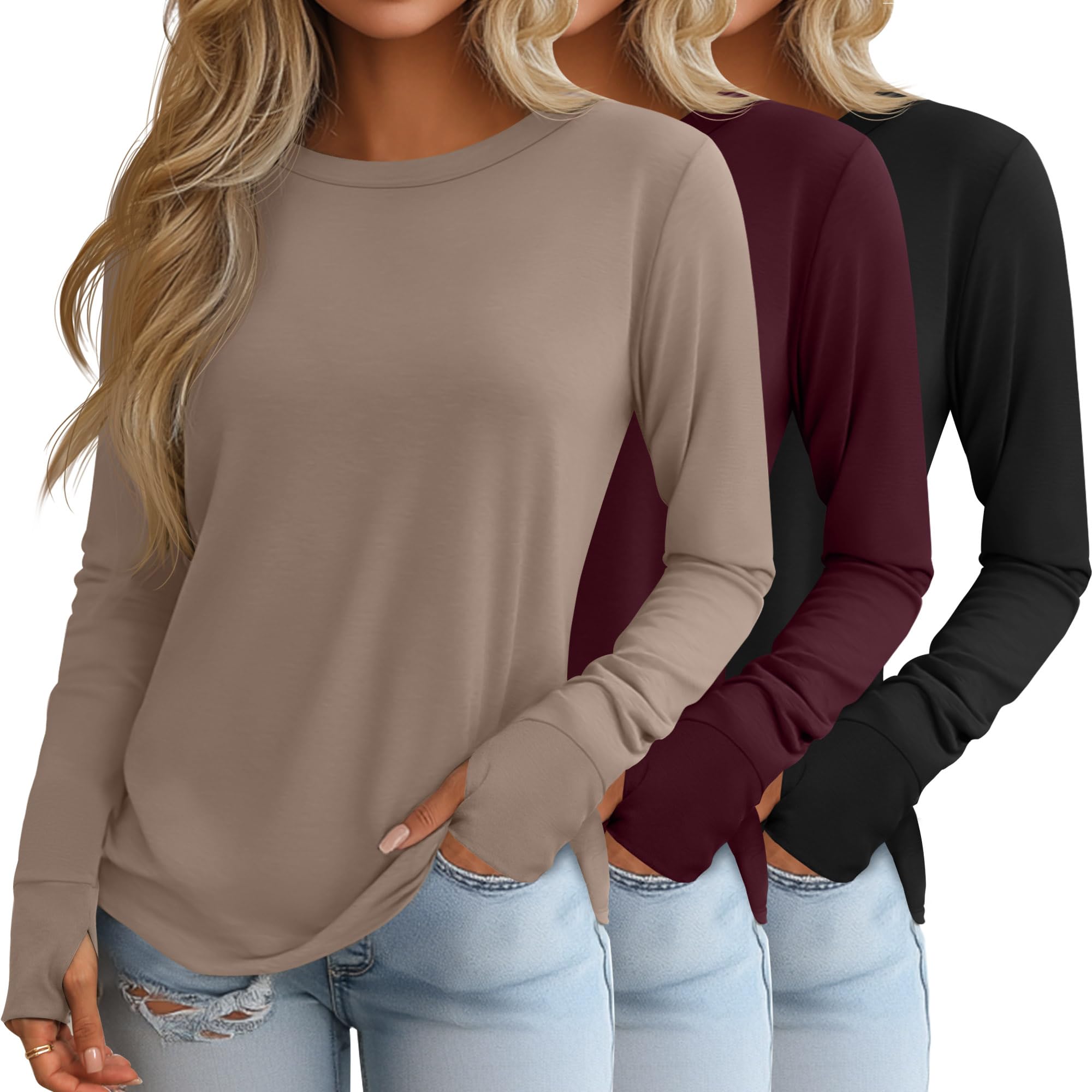 Geyoga 3 Pezzi Maglie a Maniche Lunghe per Donna con Fori per Il Pollice in Cotone Casual a Collo Rotondo Tunica Comoda