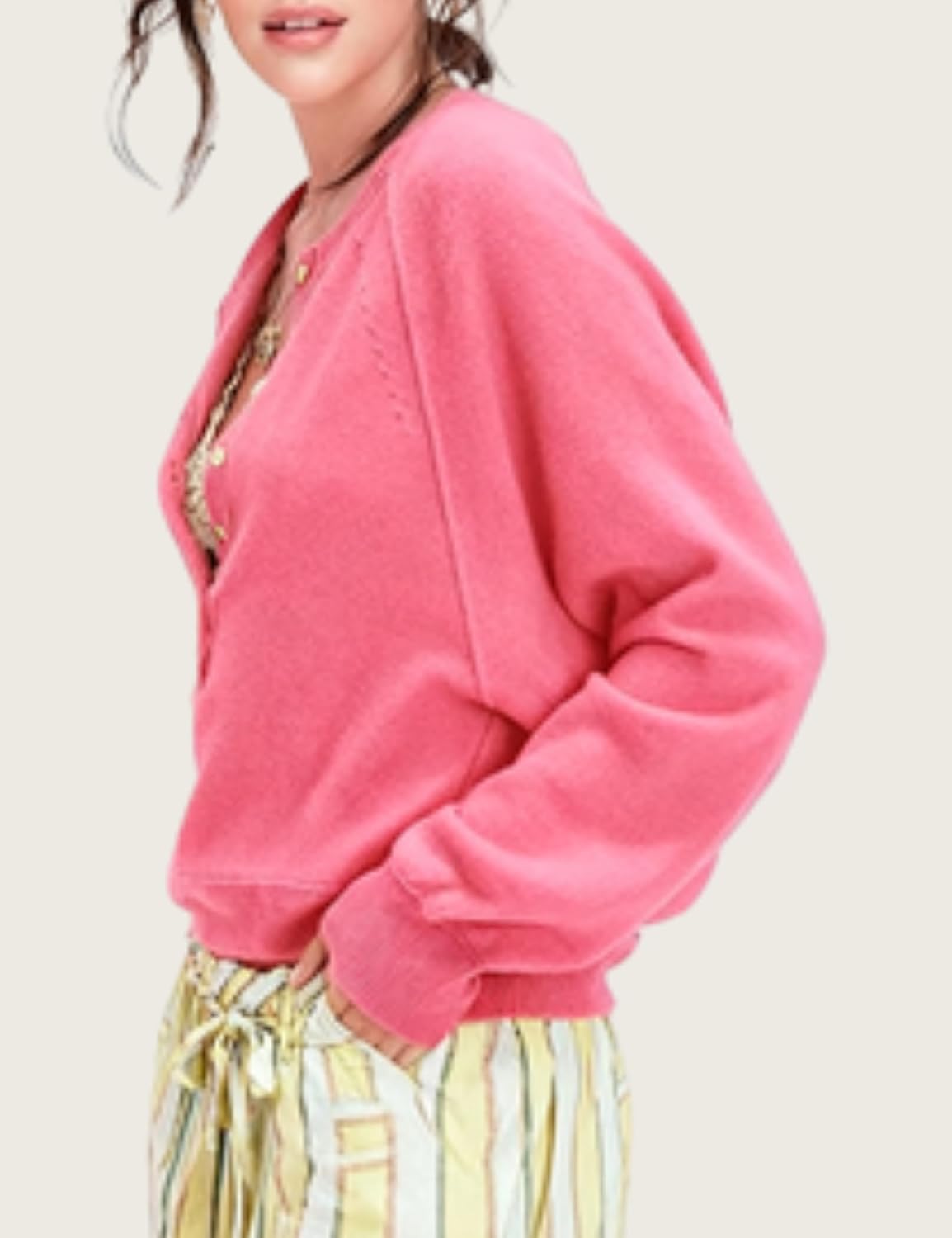 Esmeling Women Casual Button Front Sweater Henley Neck Long Sleeve Knitwear Solid Cropped Pullover Sweater