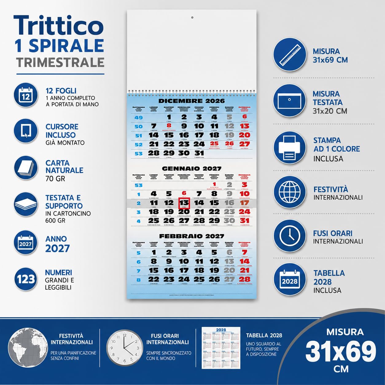 Calendari Personalizzati 2027 in Stock da 50 Pezzi Olandese Trittico Maxi 31x69 cm per Gadget Pubblicitari di Fine Anno e come Omaggio per i Clienti o Regali Aziendali | PA508