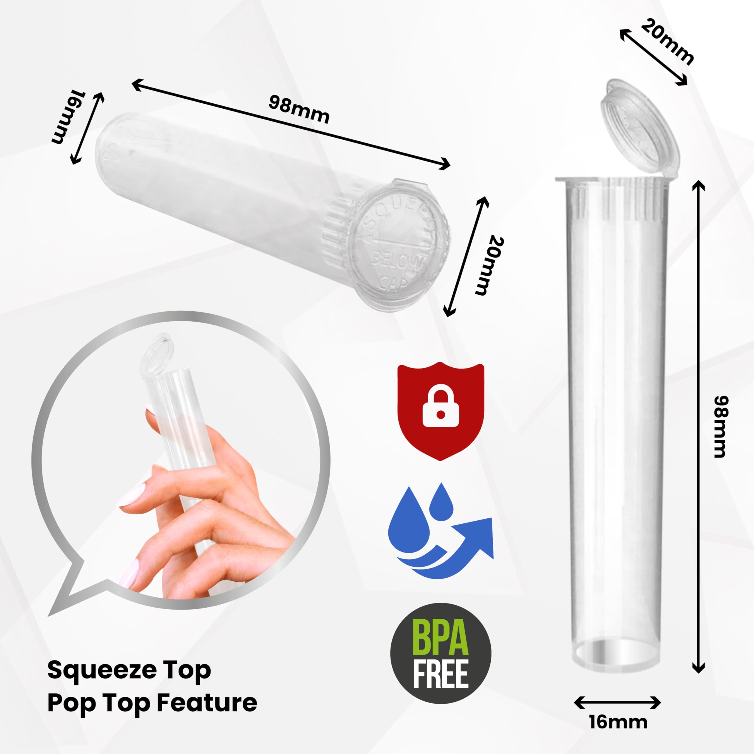 1000 Stück Transparente Pop-Top-Röhren - 98 Mm, Luftdicht, Kindersicher, BPA-frei