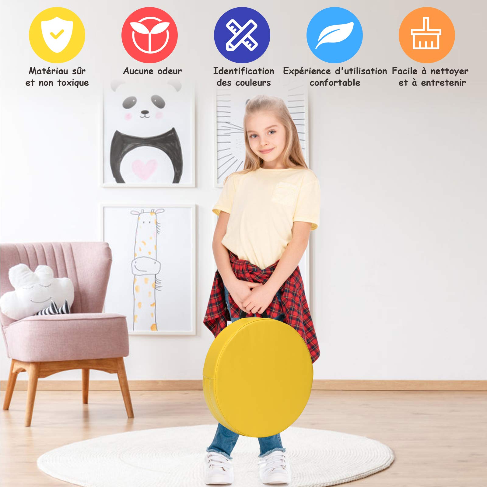 COSTWAY Lot de 6 Coussins de Chaise Enfant avec Poignées Portable, Coussins d'assise Rond 38 x 38CM Multicolores avec Fermeture Éclair & Surface en PU, Coussins de Siège Imperméable