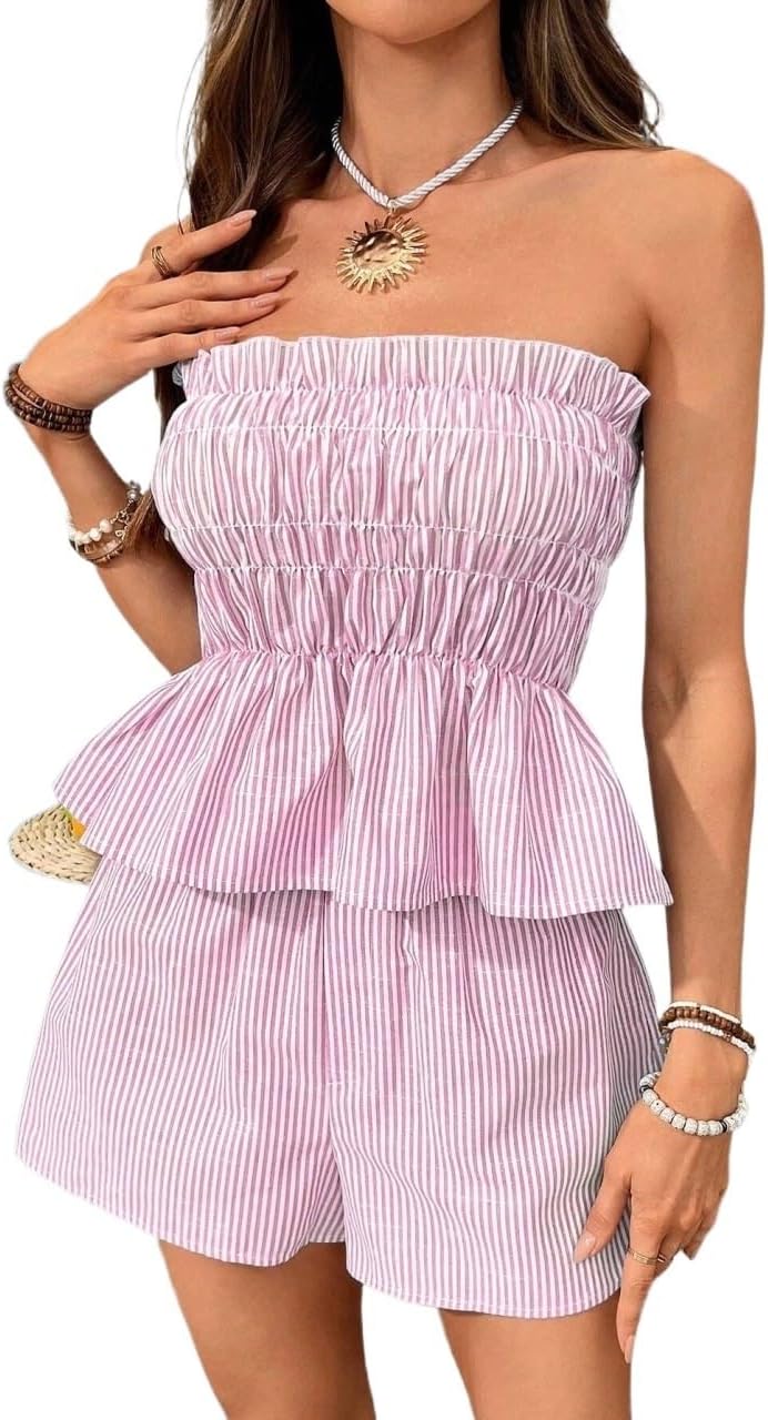 Women's Ruffle Hem Slimming Fit Cropped Top And Shorts Set For Vacation And Casual Outings
