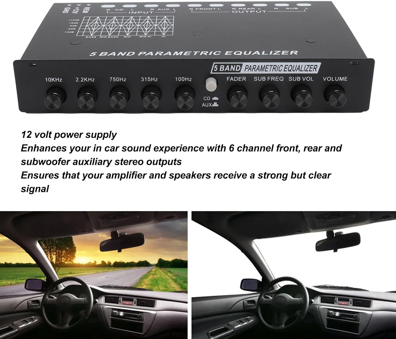 Rear view of the FOSA 5-Band Car Sound Equalizer showing all RCA input and output jacks and the power terminal.