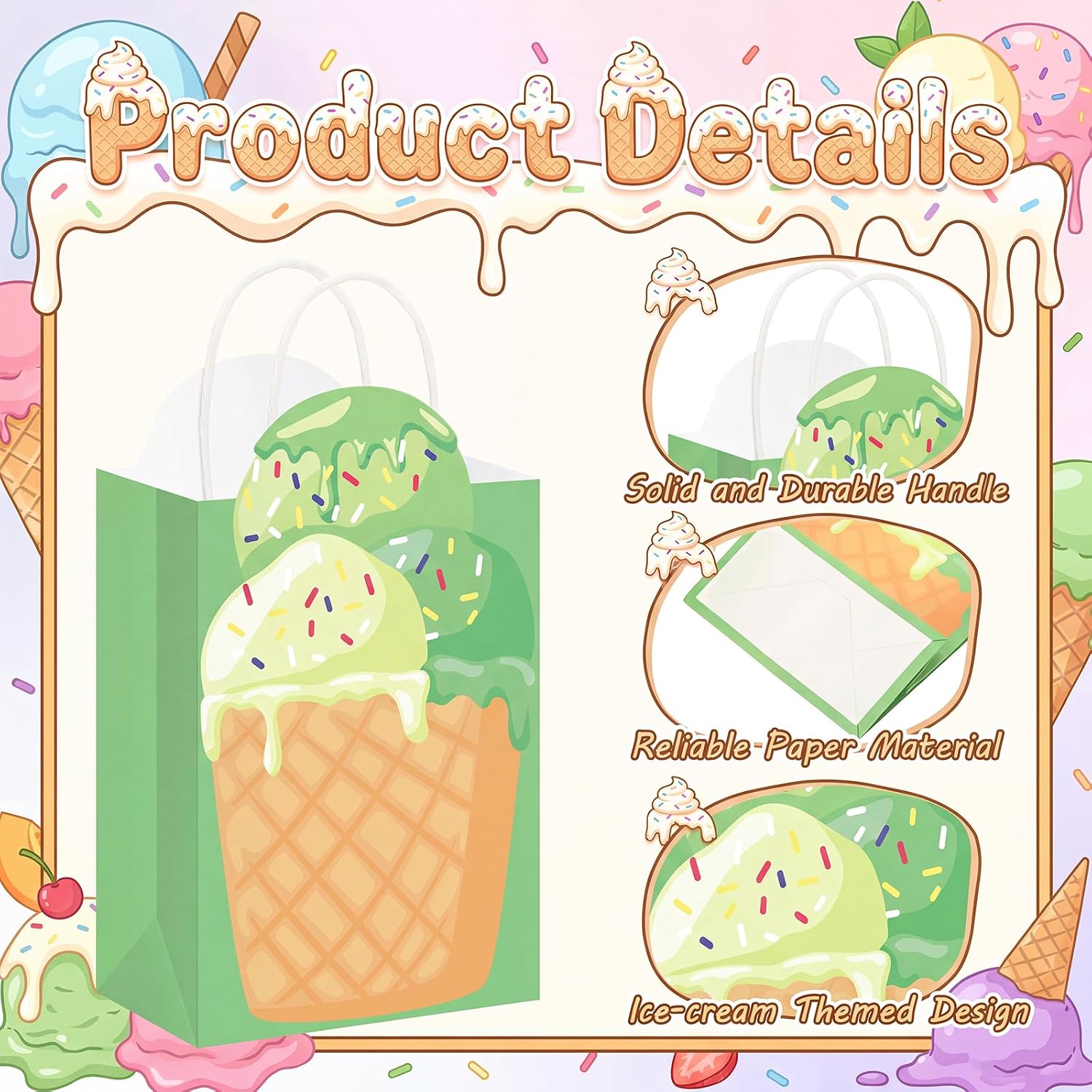 Geyoga 24 Pcs Ice Cream Party Favor Bags Summer Goodie Treat Gift Bags with Handles Novelty Paper Snack Bag Reusable Ice Cream Parties Supplies for Birthday, Pool Party, Baby Shower, Dessert Shop image 4
