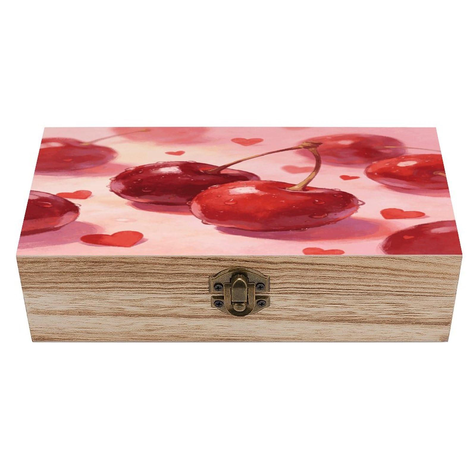 LZQPOEAS Cherries And Hearts Wooden Keepsake Box Wooden Storage Box Container with Hinged Lid Beautiful Wood Memory Box Decorative Jewelry Case for Crafts Art Hobbies & Trinket Storage