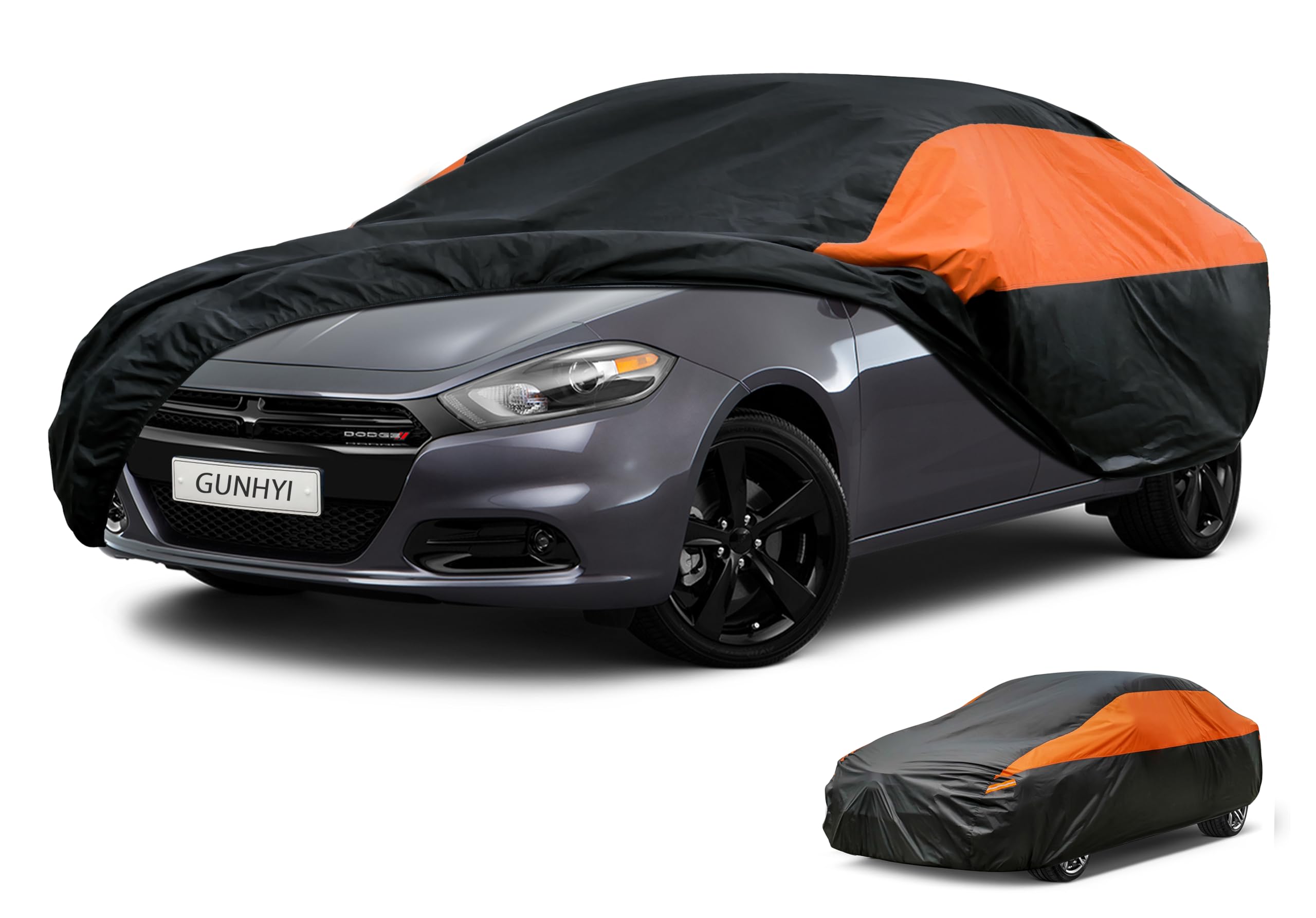 GUNHYI Waterproof Lightweight Sedan Full Car Cover Custom Fit Dodge Dart | All‑weather Outdoor sun/rain/dust/snow/wind/UV protection, breathable tear‑resistant fabric, black‑orange design,storage bag