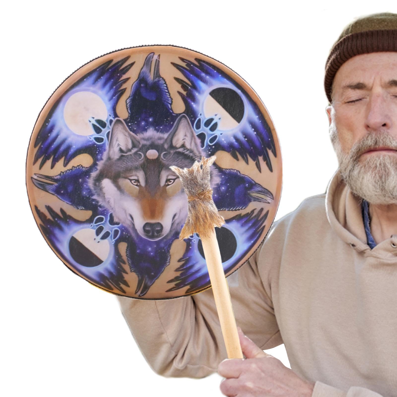 Tambores de mano chamán para adultos,Tambor chamán - Tambor chamán instrumental Sound Healer de 9 pulgadas,Wolf Head Design Instrumental Shaman, auténtico tambor siberiano para la
