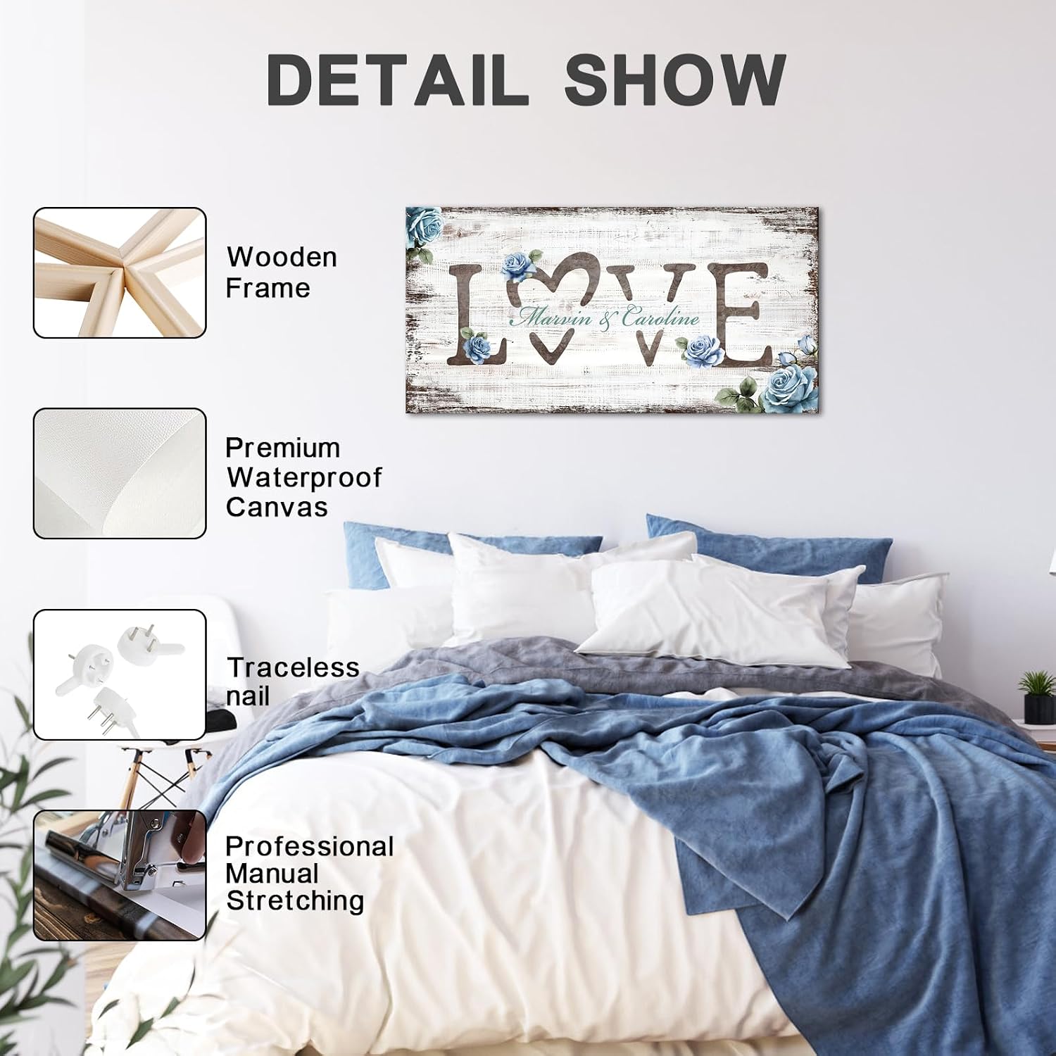 iLOOKLiKE Personalized Love Sign with Couple's Names Wall Art Custom Romantic Blue Rose and Name Canvas Prints Home Decor Anniversary Wedding Valentine's Day Gifts for Him Her