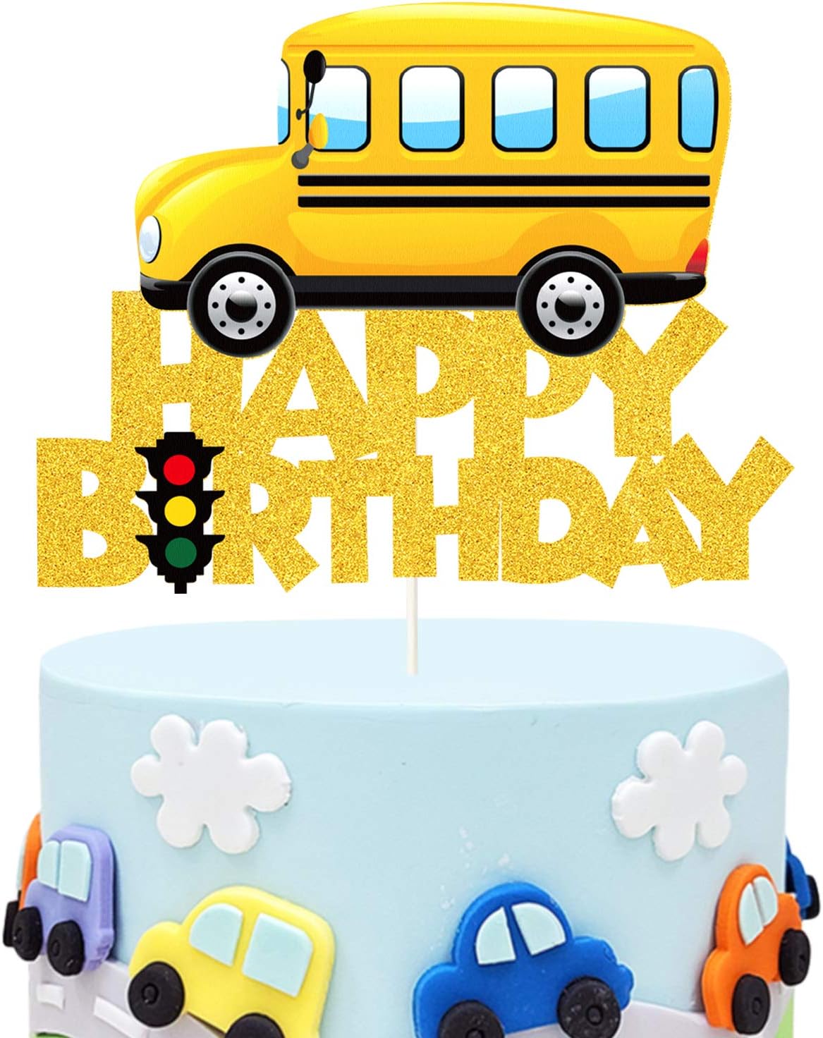 Glitter School Bus Cake Topper Happy Birthday Theme Cake Decor, Child Boys Girls School Themed Party Supplies