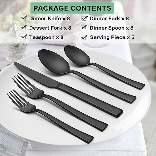 Miniatura 9 de LIANYU Juego de cubiertos de 65 piezas color negro mate con utensilios para servir, juego de cubiertos de acero inoxidable para 12, vajilla cuadrada