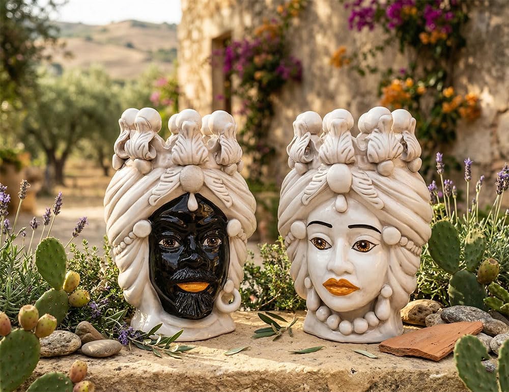 Céramique sicilienne têtes de moro Caltagirone fumé grand vase design hauteur 30 cm