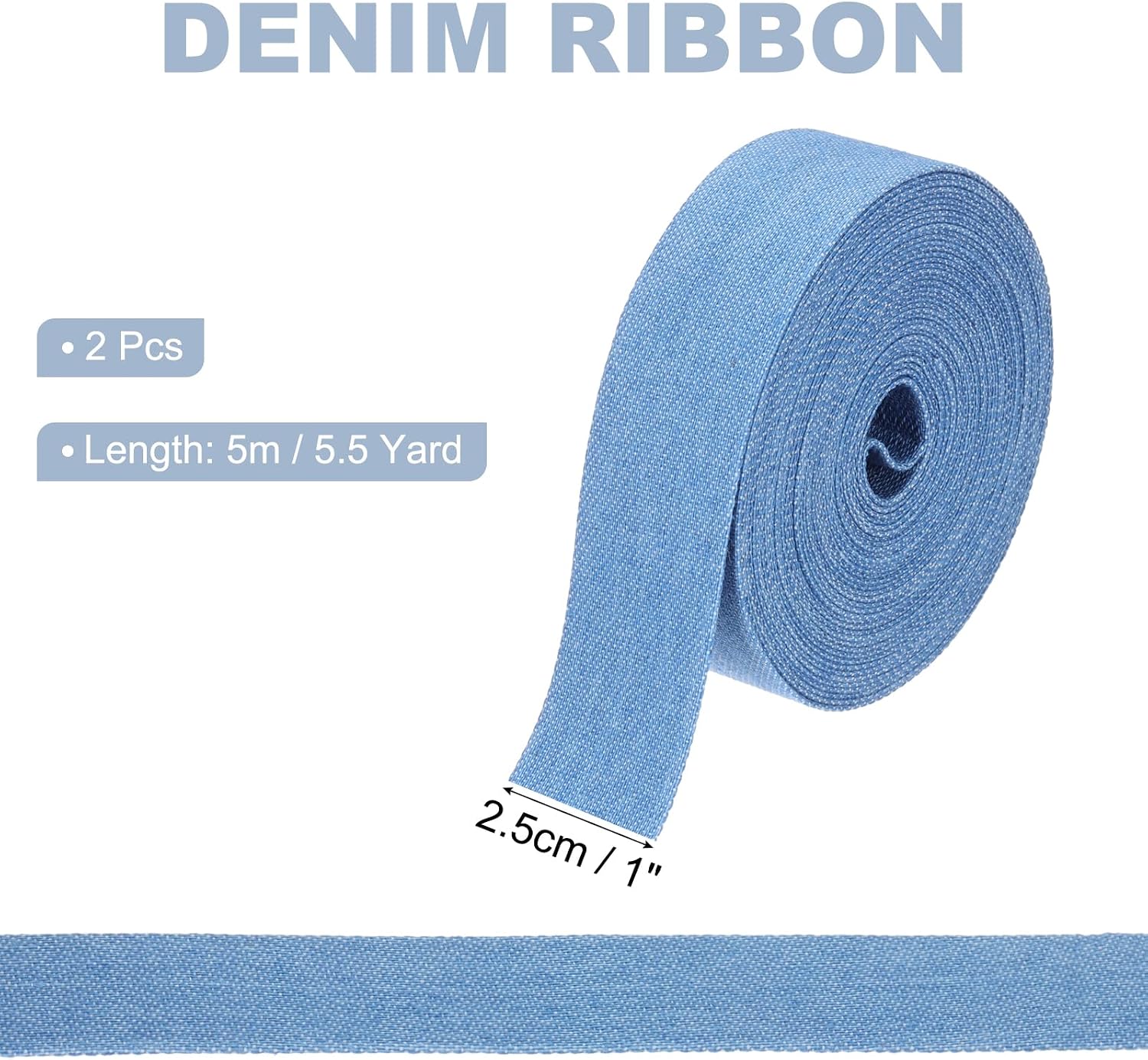 PATIKIL 1" Denim Ribbon, 2 Roll Total 11 Yard Layering Jean Fabric Craft Pure Color Strip for Bow DIY Making Hair Clip Garment Sewing Decorations, Blue image 2