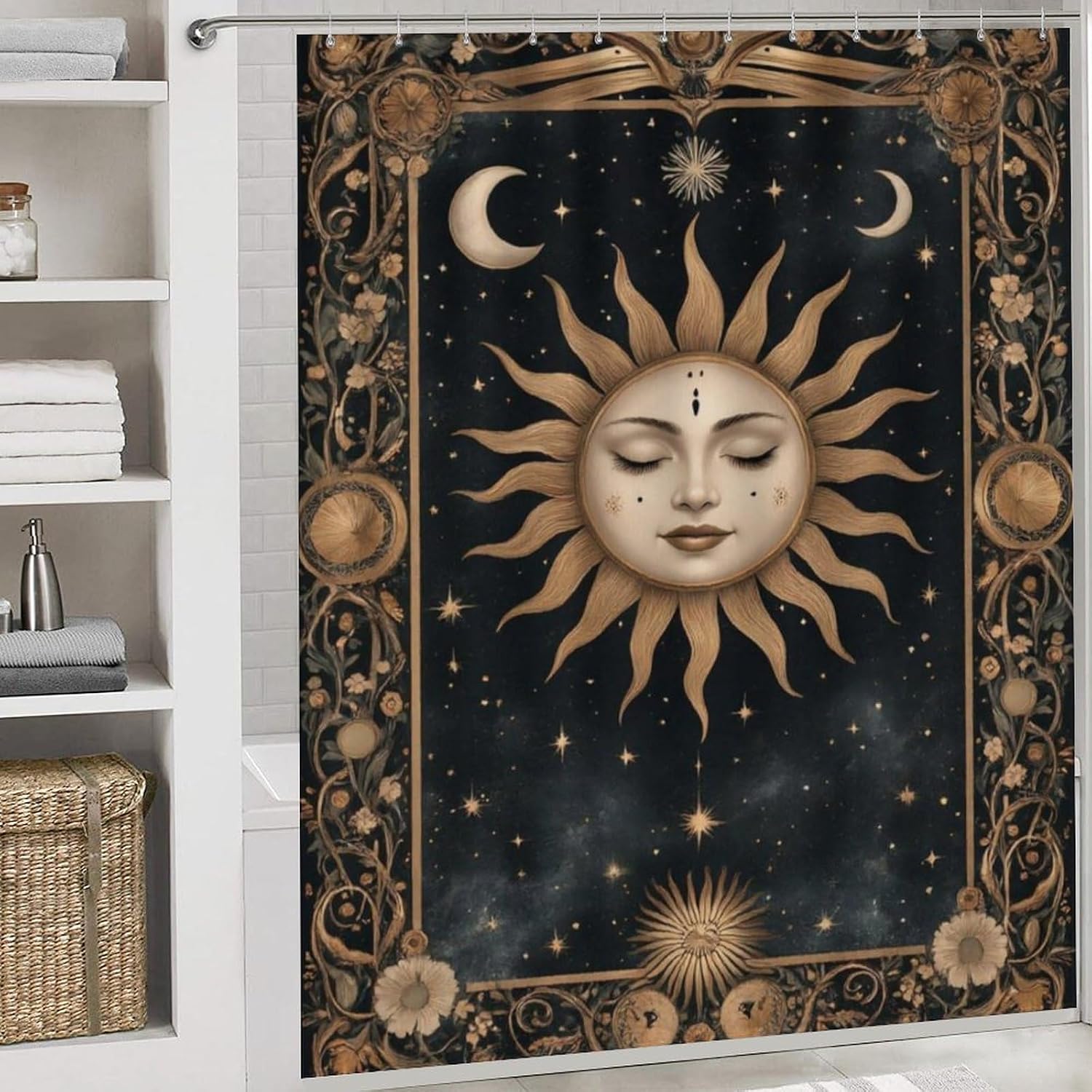 Celestial Sun Moon Stars Shower Curtain Set with Non-Slip Rugs, Toilet Lid Cover & Bath Mat, 4-Piece Waterproof Fabric Bathroom Decor Set with 12 Hooks, Modern Shower Curtain for Bathroom, 72 X 72 Inc