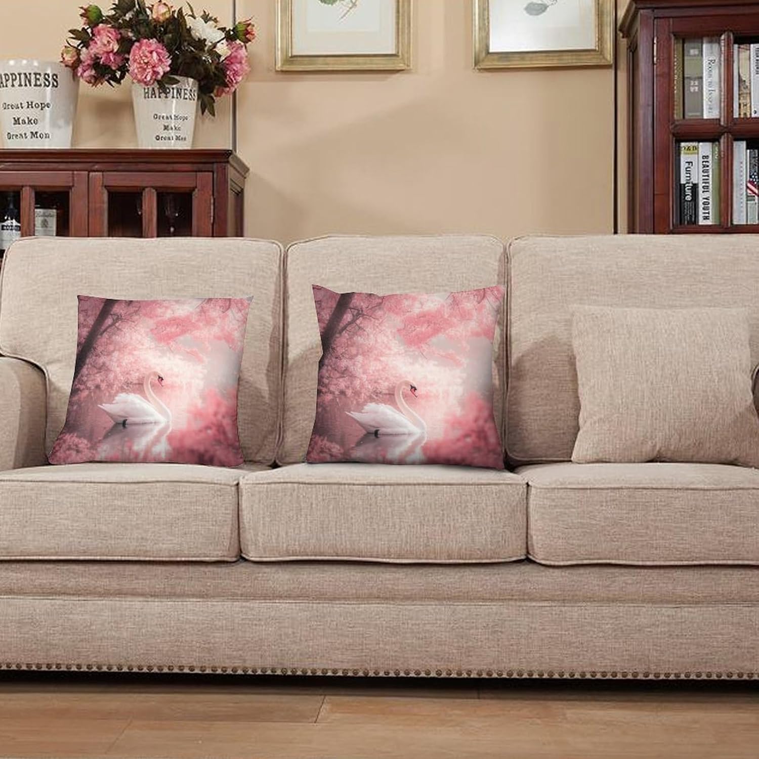 Fantasy Garden Swan Pillowcases Set of 2 Cushion Case for Couch Bed Sofa, Rustic Floral Cherry Blossom Throw Pillow Covers for Living Room Bedroom, 20x20 inch