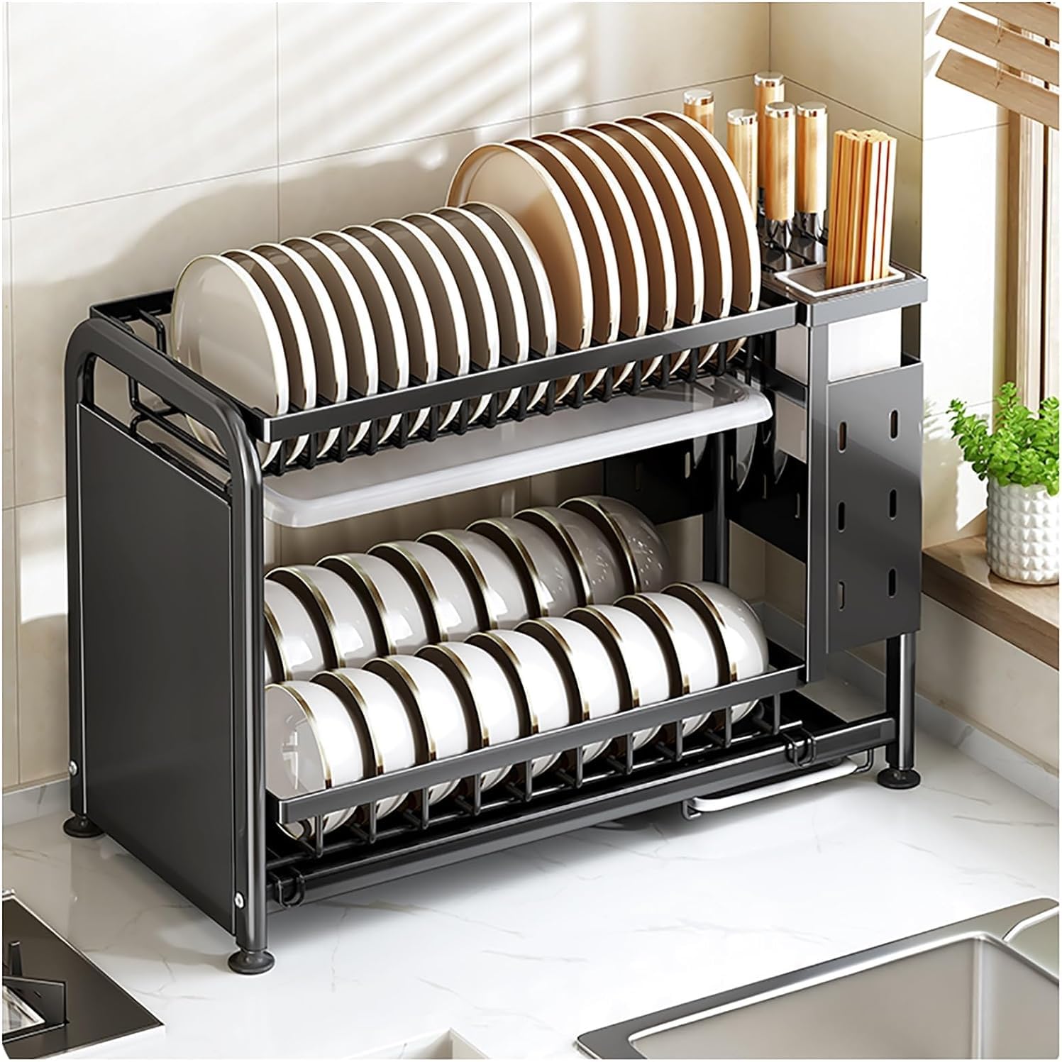 TYUHDUYUR Spice Rack Organizer, Dish Drying Rack Microwave Oven Rack, with Drainboard Tray, Cup Holder and Utensil Holder, for Bathroom, Bedroom, Kitchen