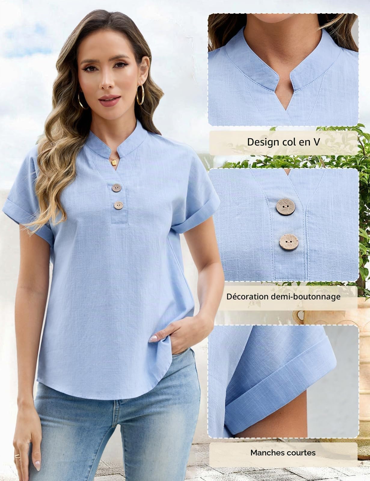 Niwicee Chemisier pour Femme ete en Coton Casual Manche Courte Col en V Chemises avec Boutons Chemise Ample Femme Couleur Unie Chemisier Décontracté