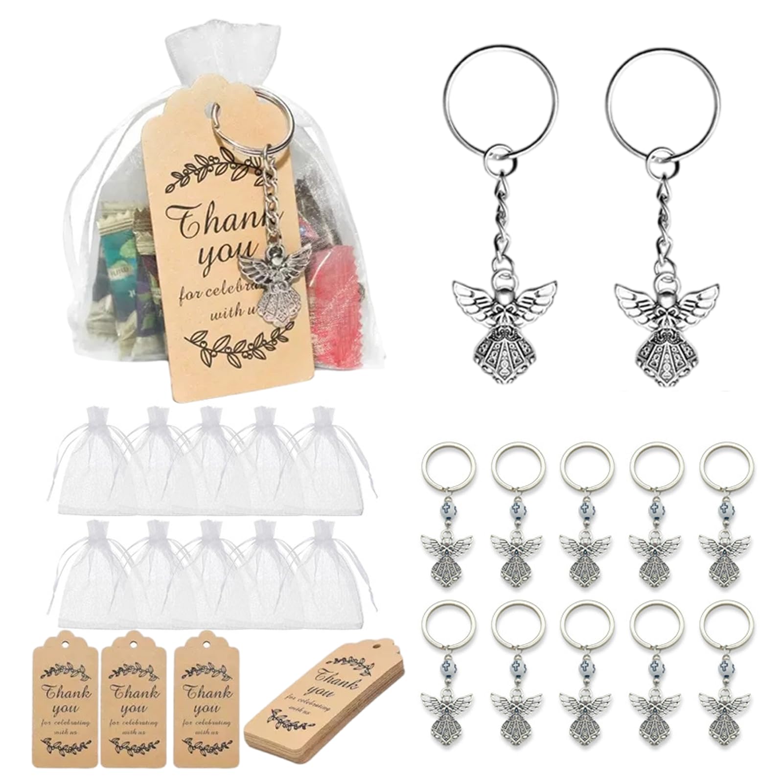Ydakguey White Thank You Keychain Gifts, 10 Sets Guardian Angel Keychains With Keyring, Organza Bags & Thank You Tags For Colleagues Teachers Nurses Guests Shower Wedding Christening