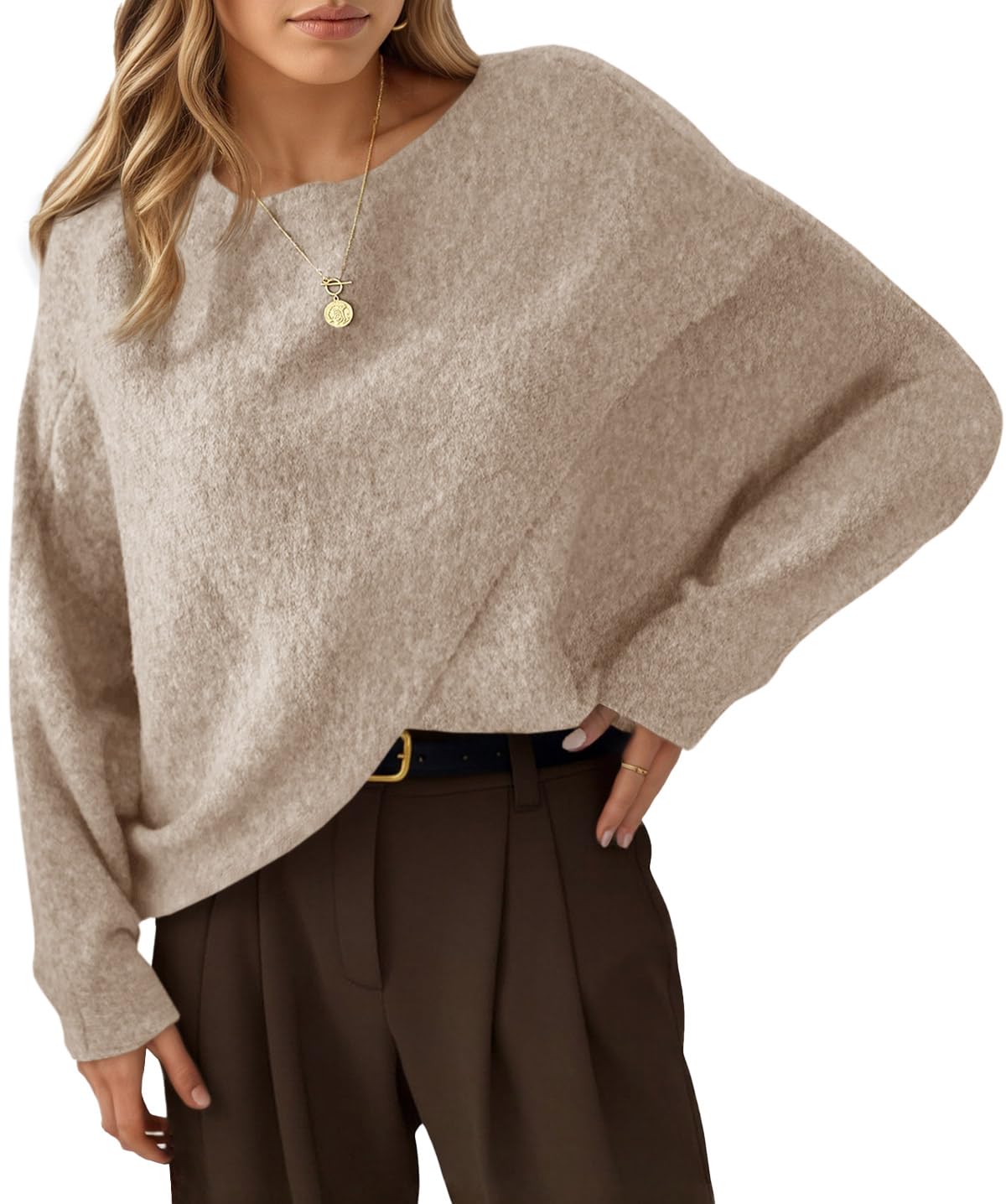 Saodimallsu Womens Oversized Batwing Sweaters Long Sleeve Crew Neck Poncho Slouchy Knit Asymmetrical Pullover Tops