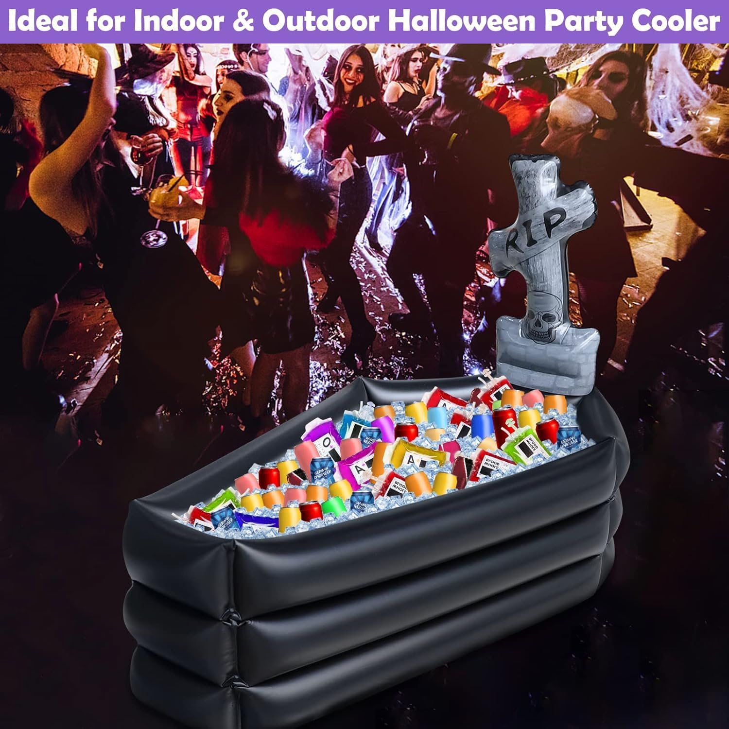 TURNMEON 43 Inch Halloween Inflatable Tombstone Coffin Drink Cooler 100+ Cans Large Capacity Halloween Party Decorations Indoor Outdoor Home Party Supplies Inflatable Serving Bar Food Drink Container