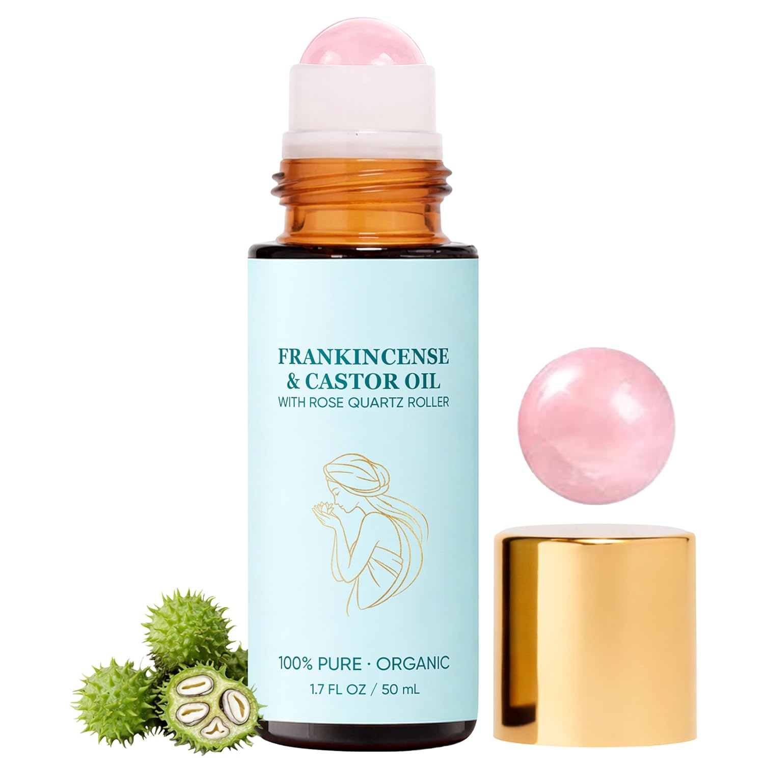 Castor Oil Rose Quartz Roller Ball, Rose Quartz Roller Bottle, organic castor oil roll on, For Hair Growth, Eyelashes, Eyebrows & Skin, 1.7 fl oz / 50ml