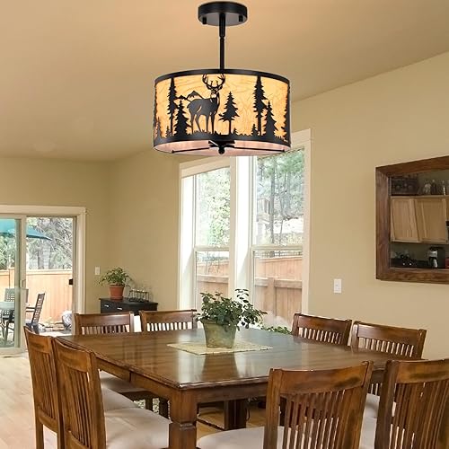 Miniatura 4 de Lámpara de techo rústica semiempotrada, lámpara de metal pergamino de granja con diseño de oso de ciervo, 3 luces industriales negras para comedor,