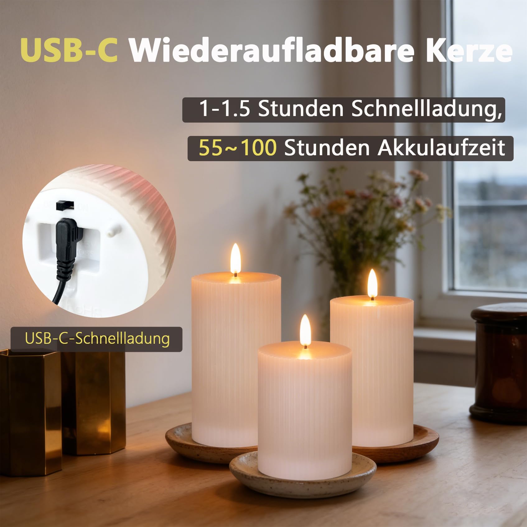 NICE PIONT - Set di 3 candele a LED ricaricabili con timer e telecomando, fiamma tremolante, 5 livelli dimmerabili, per soggiorno, camera da letto, decorazione da tavolo