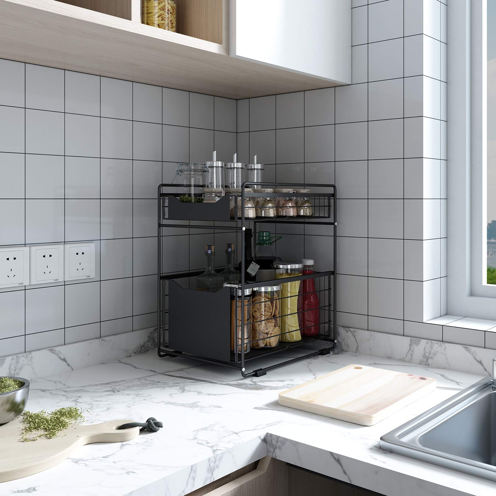 Organizzatore a 2 Ripiani con Cassetto Portaoggetti Sotto il Lavandino Scorrevole Cestino Estraibile Portaspezie Organizer per Snack per Cucina Bagno Camera da Letto-Nero