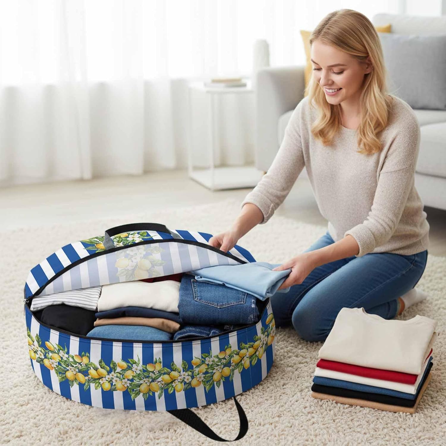 Storage Bag Lemon Blue Stripes Round Storage Totes Bins Closet Organizers with Zippers & Handle Floral Fruit Leaves Clothes Storage Container for Bedroom Dorm Space Saving Packing Supplies Moving Bags