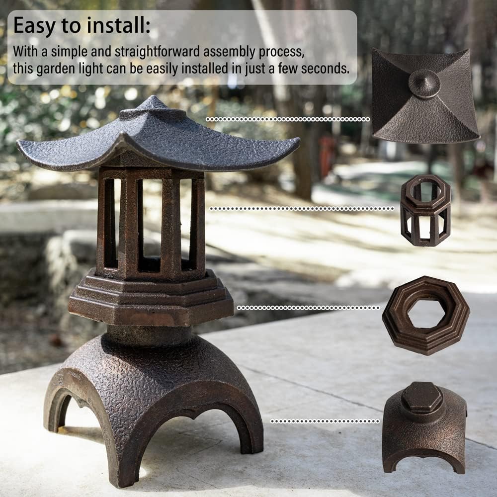 Retro Iron Lamp Garden Statue Japanese Garden Decor Outdoor Zen Garden Lantern LED Garden Light Surface Frosting Vintage Decor (S)