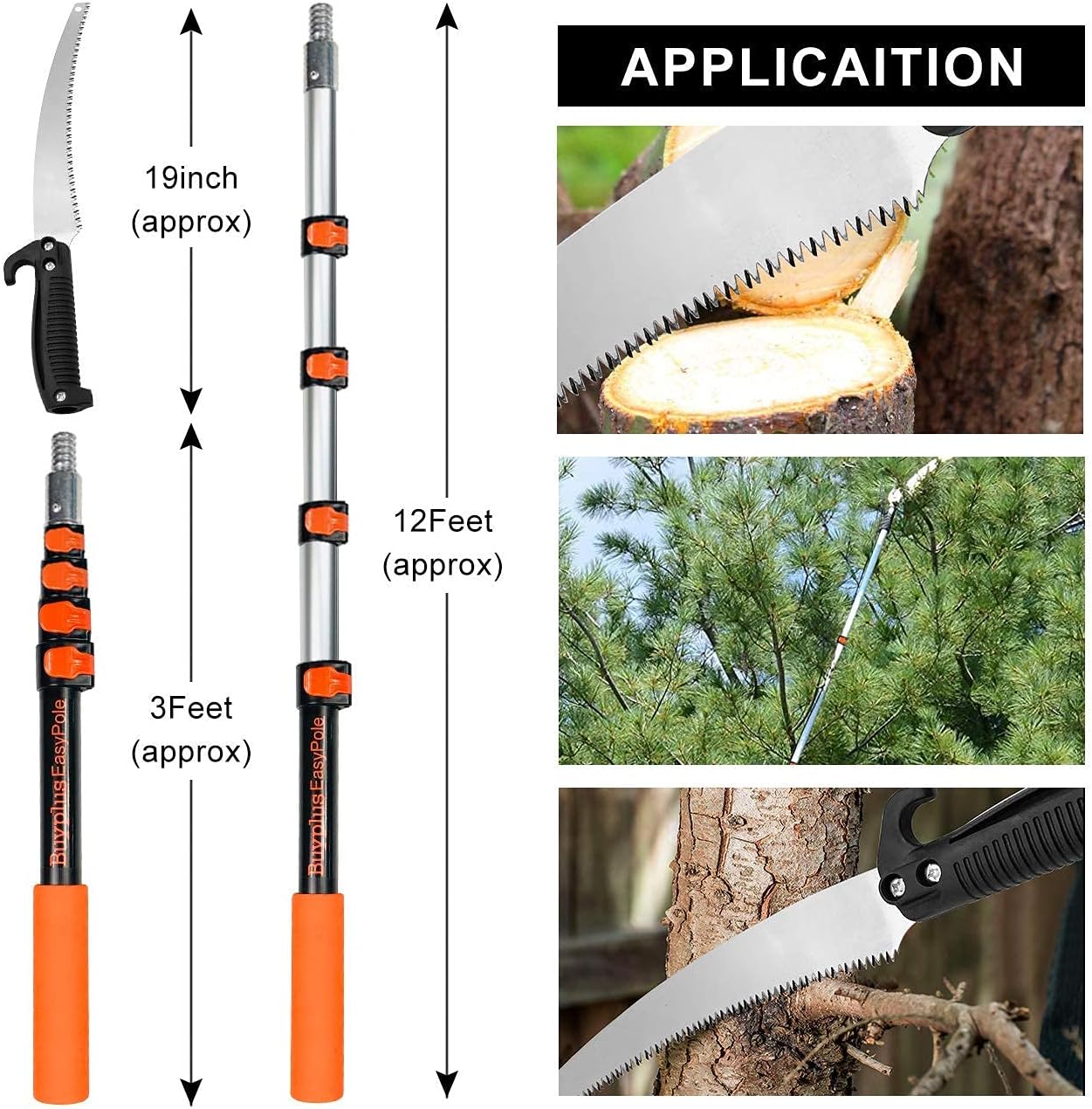 Buyplus Manual Pruning Pole Saw - 12 Foot Hand Pruning Saw for Tree Trimming, High Reach Tree Pruner with Extension Pole