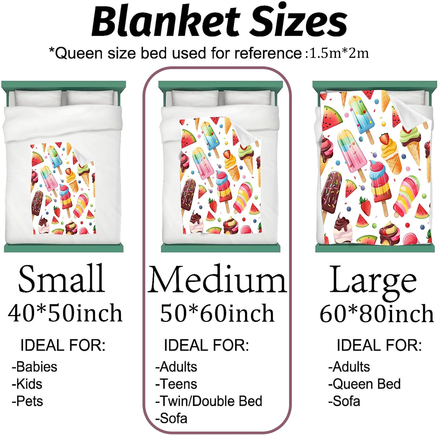 Colorful Ice Cream and Popsicle Blanket Lightweight Flannel Blankets Gifts for Adults Summer Dessert with Watermelon and Strawberry Printed Throw for Couch Office Bedroom Decor, 60x50inch