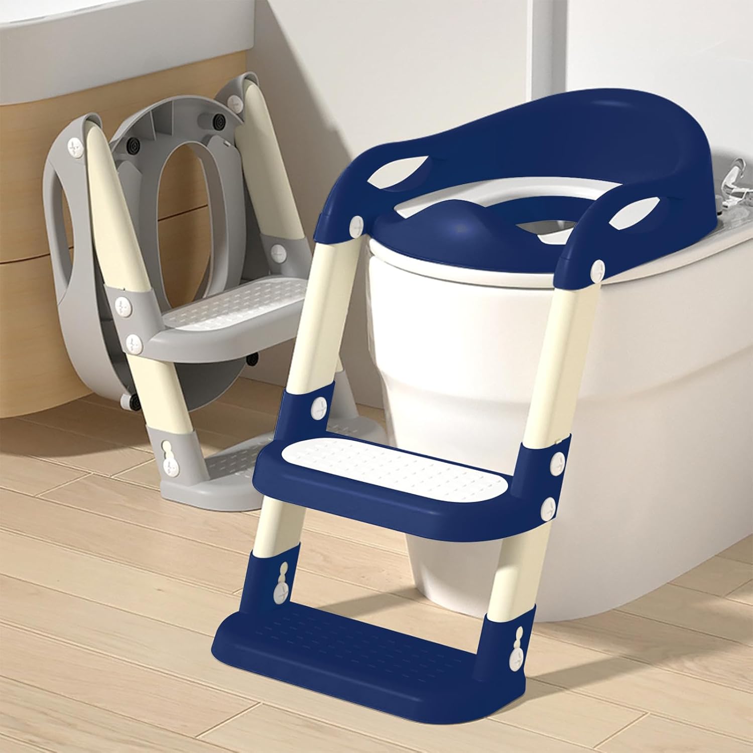 Potty Training Seat with Step Stool Ladder, Adjustable Foldable Potty Seat for Toilet with Anti-Slip Pads Ladder for Kids Boys Girls Toddlers - Navy Blue
