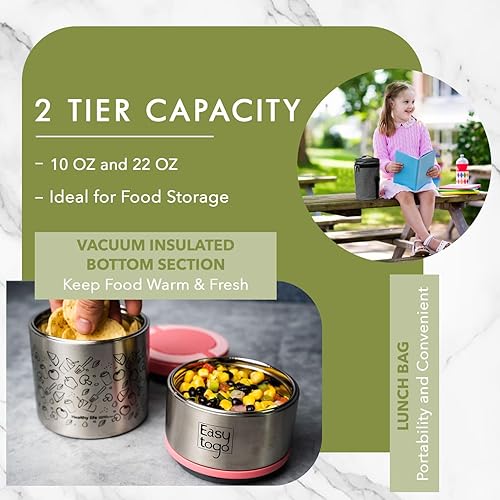 Miniatura 3 de Lonchera de 2 niveles  Contenedor de alimentos aislado apilable de acero inoxidable de 32 onzas con bolsa de almuerzo, lonchera portátil para