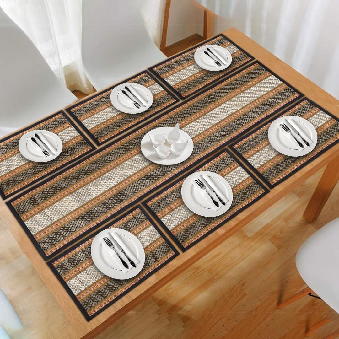 Handmade River Grass Dining Table Mats Set of 6 Pieces & Runner | Heat Resistant Korai Grass Mats | Natural Eco Friendly Madurkathi Placemats for Dining Table | Royal Black Tablemats