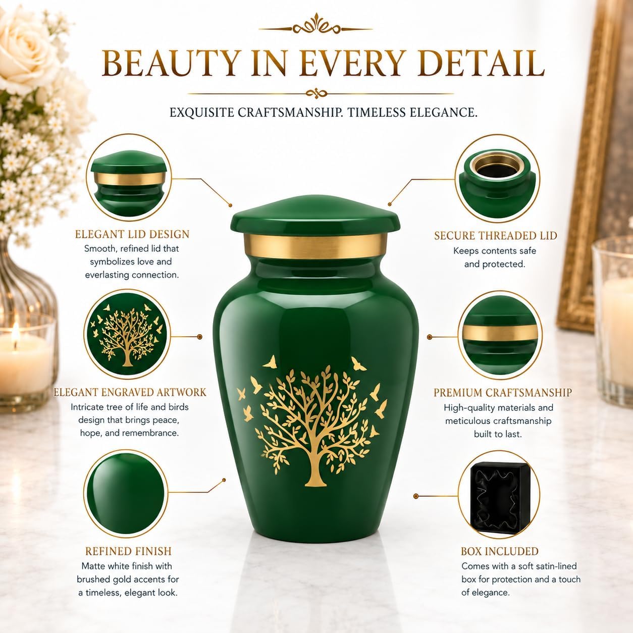 Green Tree of Life Small Keepsake Urns for Human Ashes Set of 4 Mini Urn